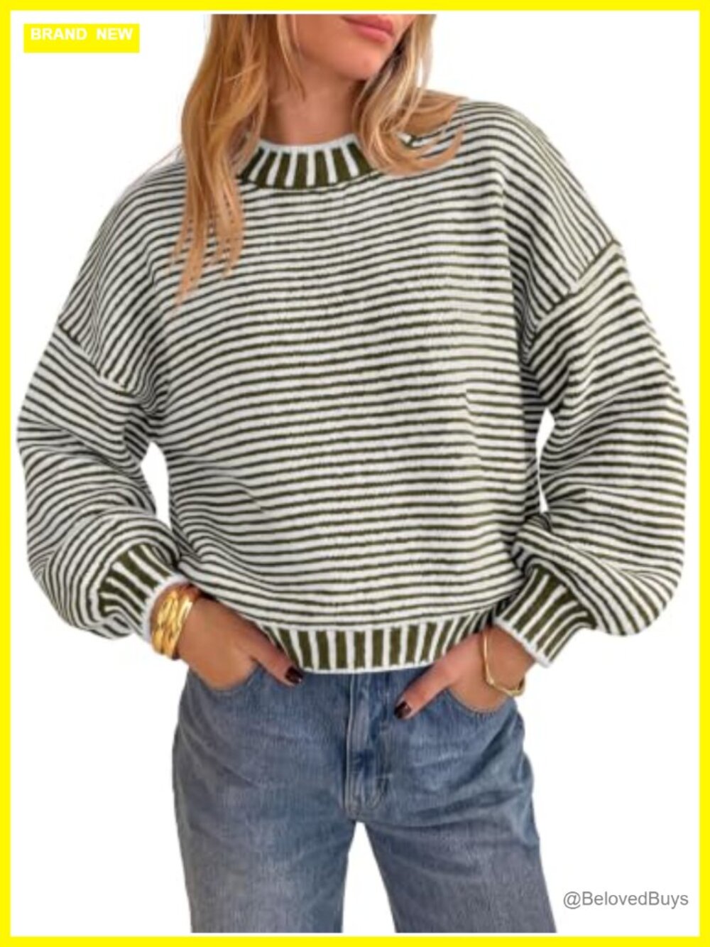 Womens Striped Chunky Knit Sweater Oversized Drop Shoulder Pullover